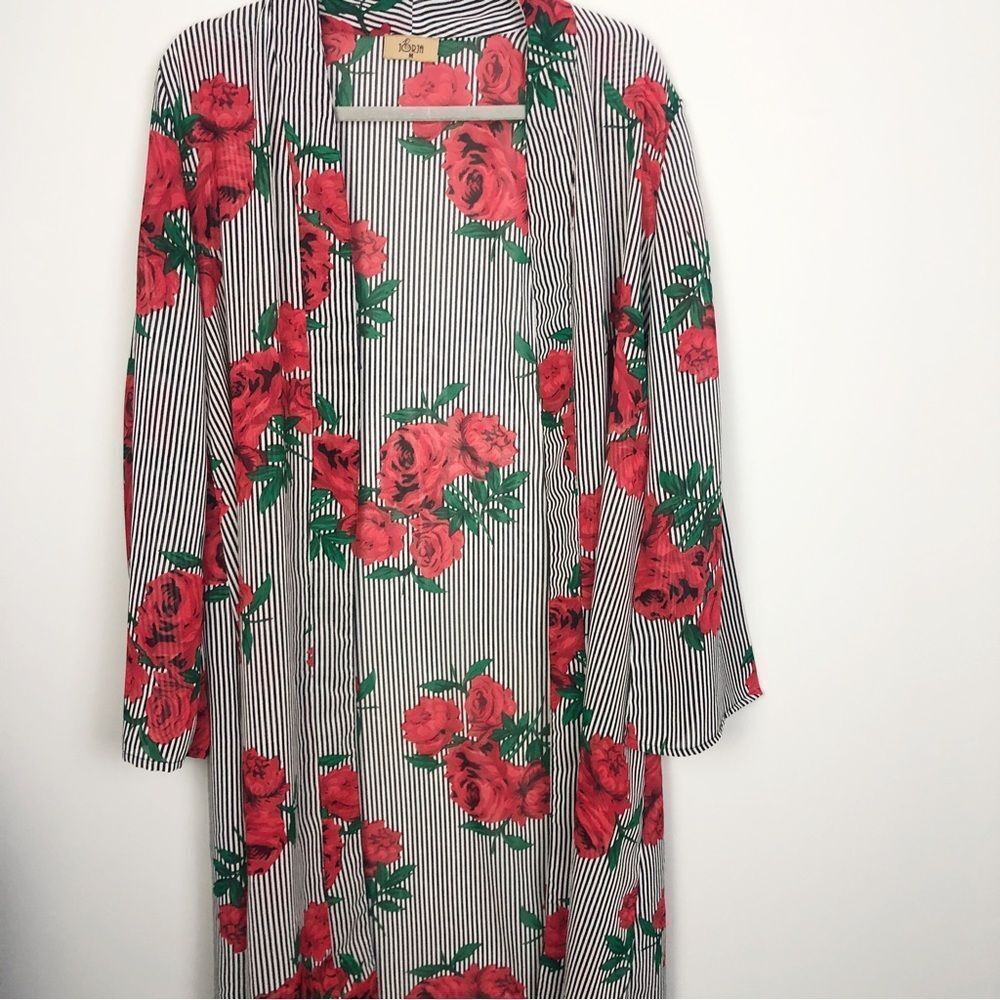 JORJA | Longline Duster Open Front Kimono Stripes & Roses Women’s Size Medium